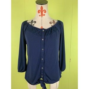 Women's Kim Rogers Petite Dark Blue Scoop Neck Button Up Lace 3/4 Sleeve Sz PS